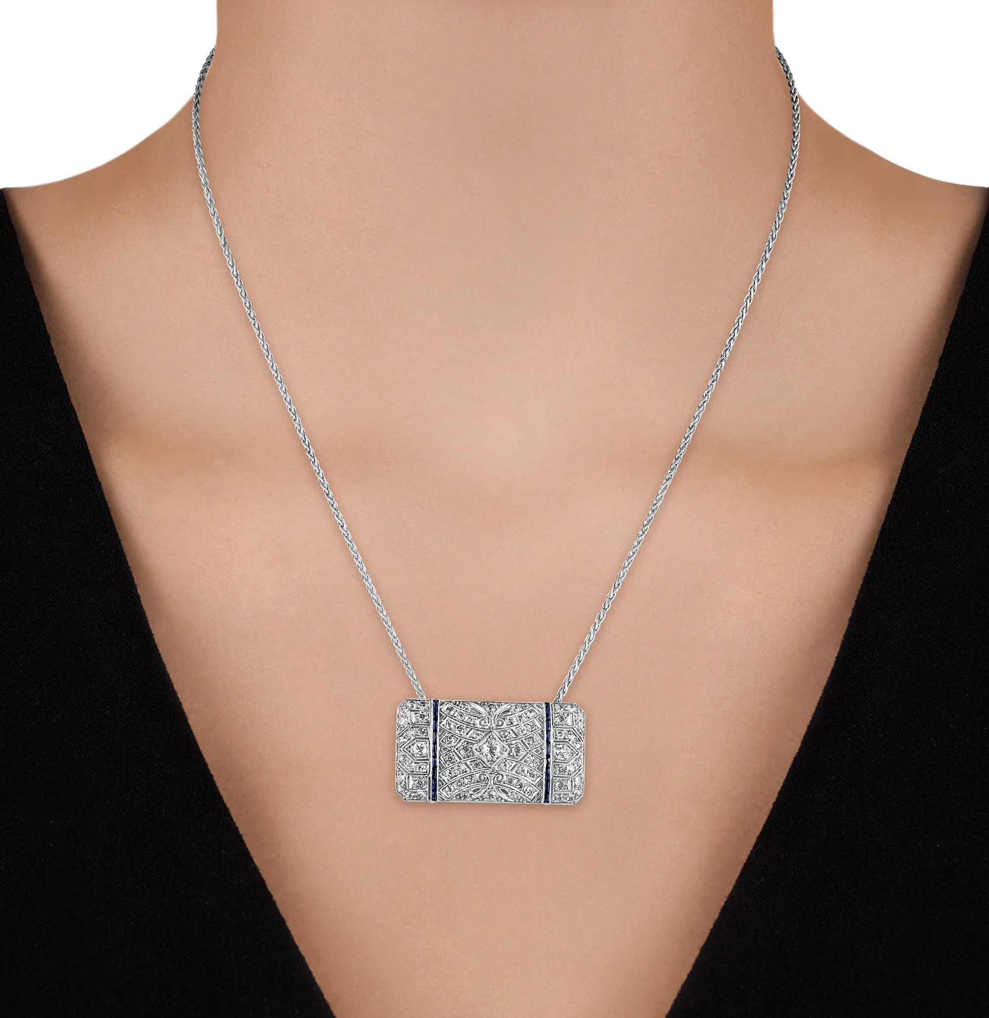 Art Deco Diamond and Sapphire Pendant Brooch - Image 3