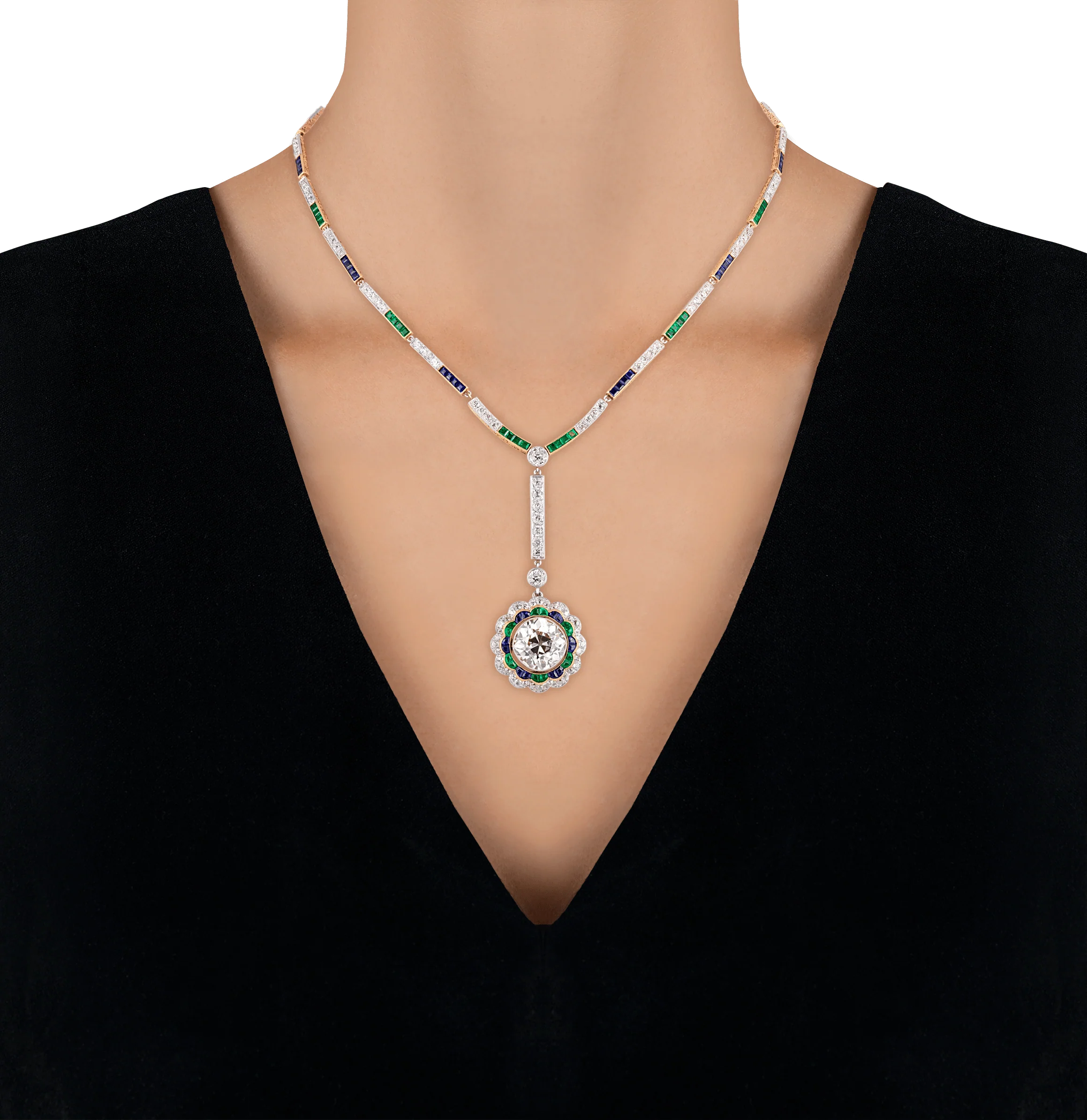 Art Deco Diamond, Emerald and Sapphire Necklace - Image 4