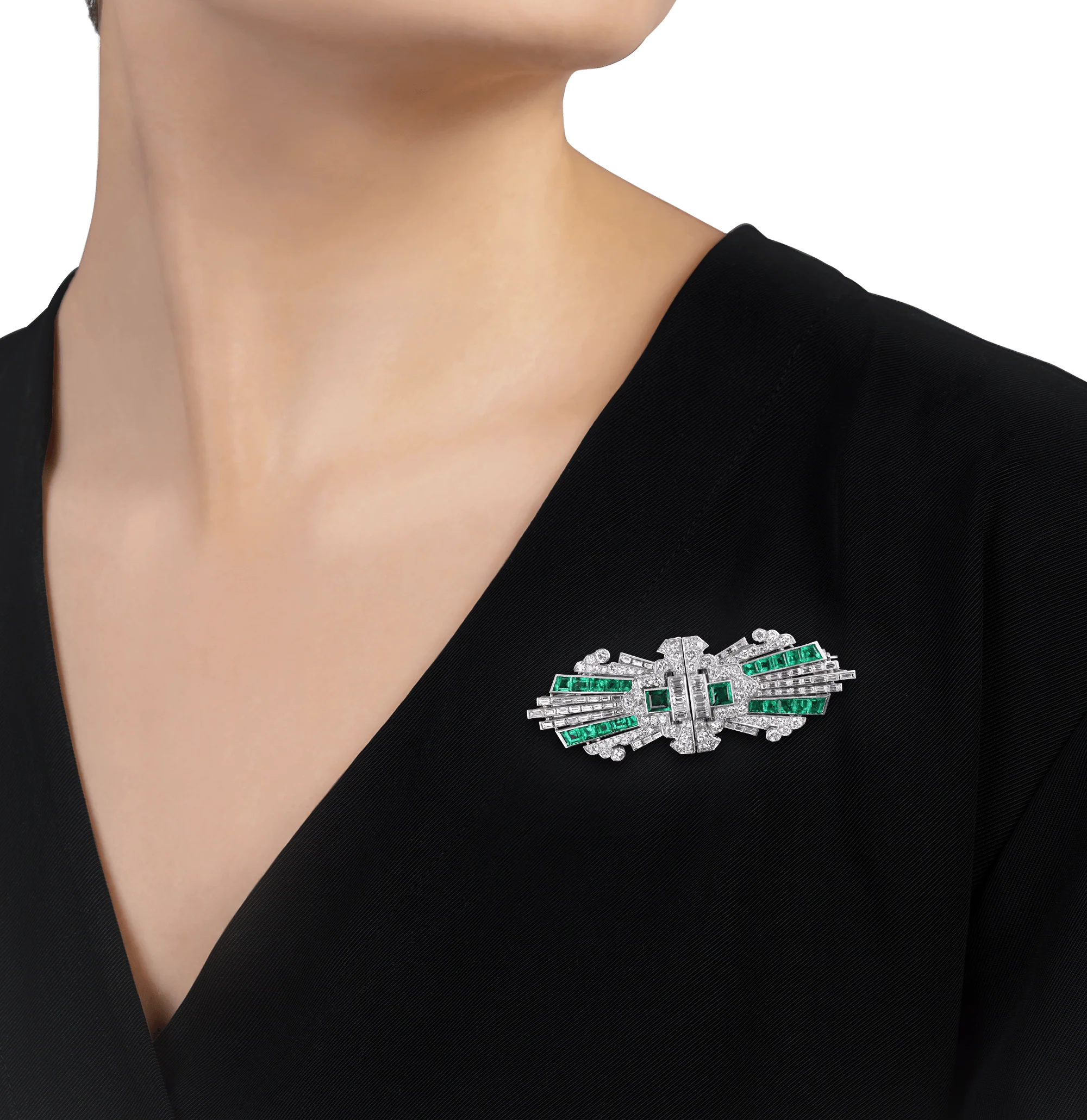 Art Deco Emerald and Diamond Double Clip Brooch - Image 2