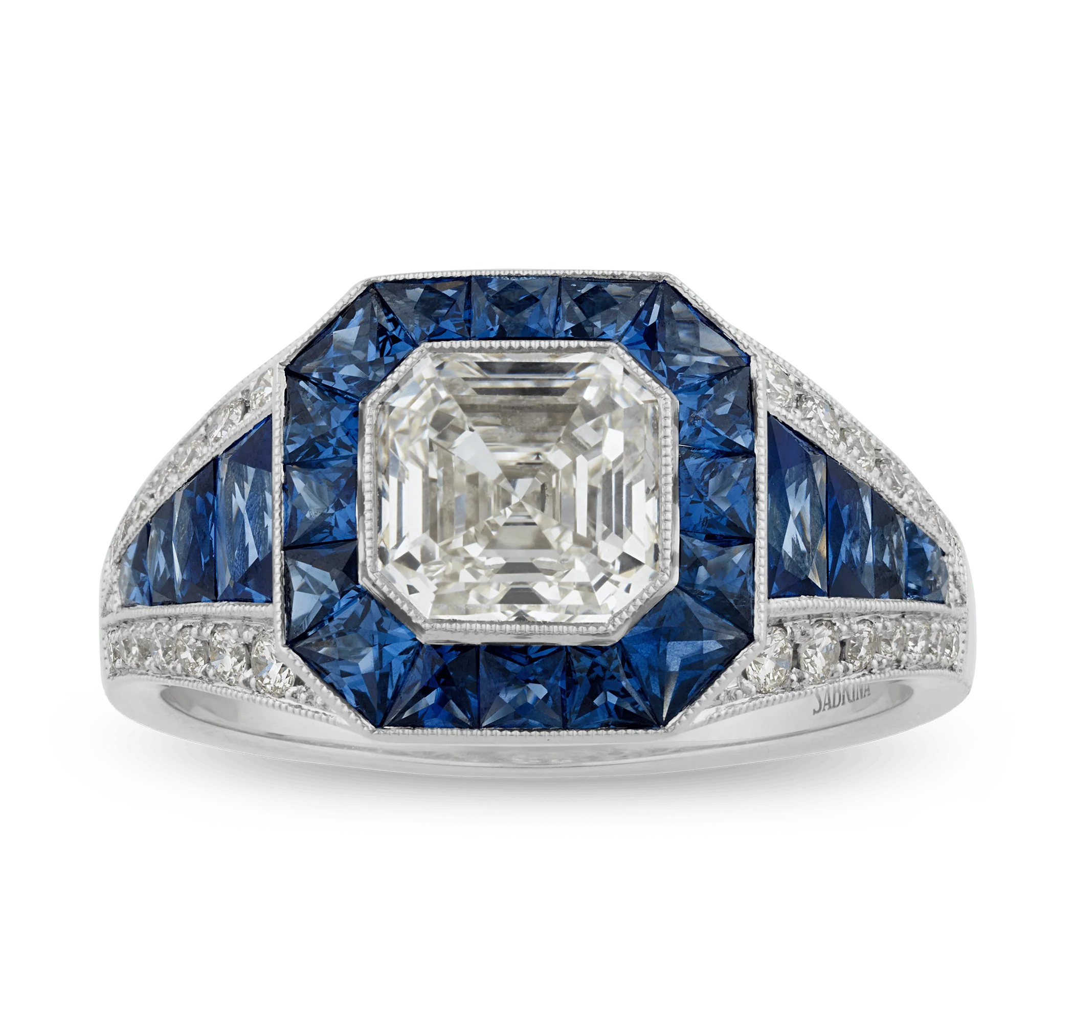 Art Deco-Style Asscher Cut Diamond and Sapphire Ring, 1.52 Carats