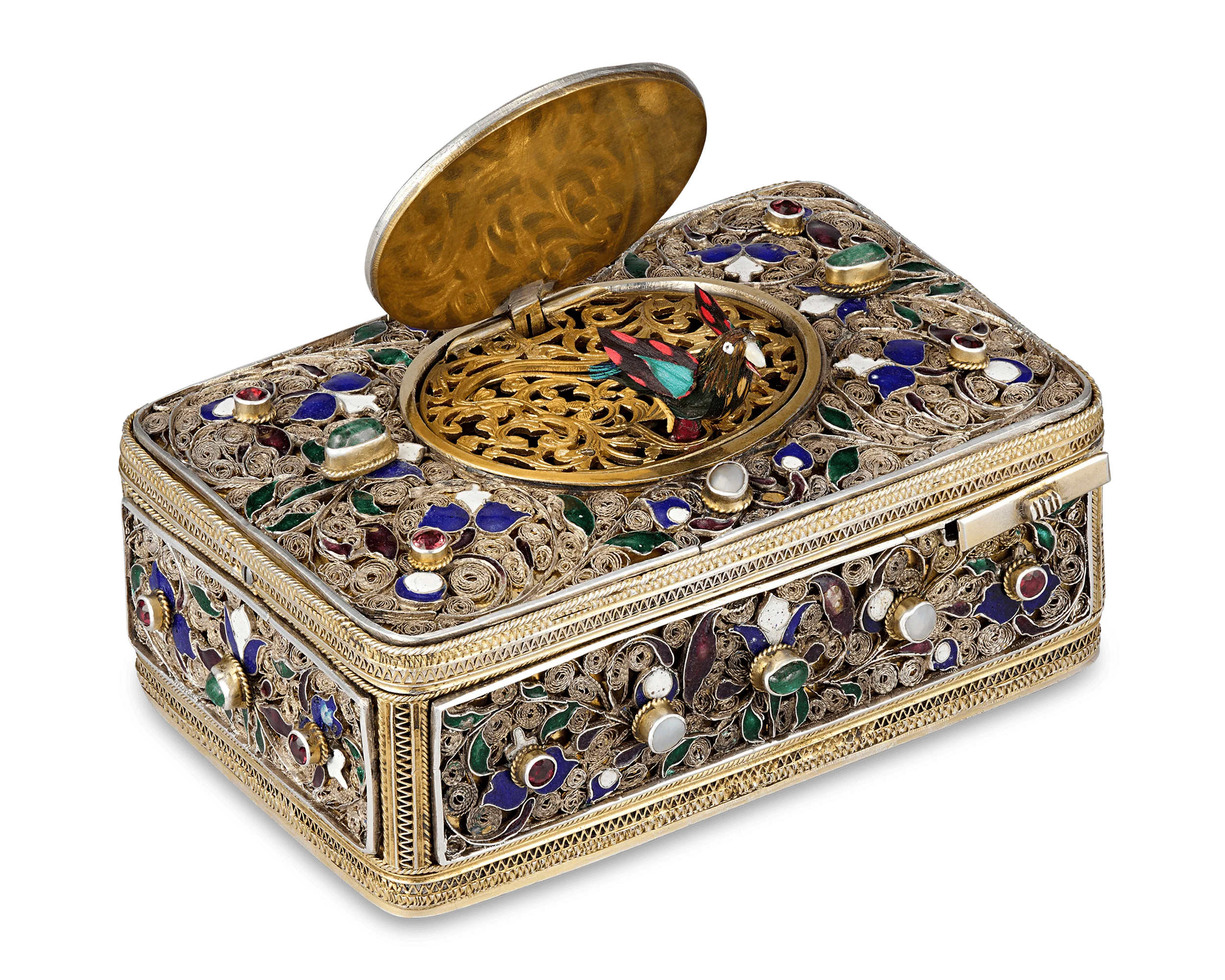Austro-Hungarian Jeweled Silver Singing Bird Box