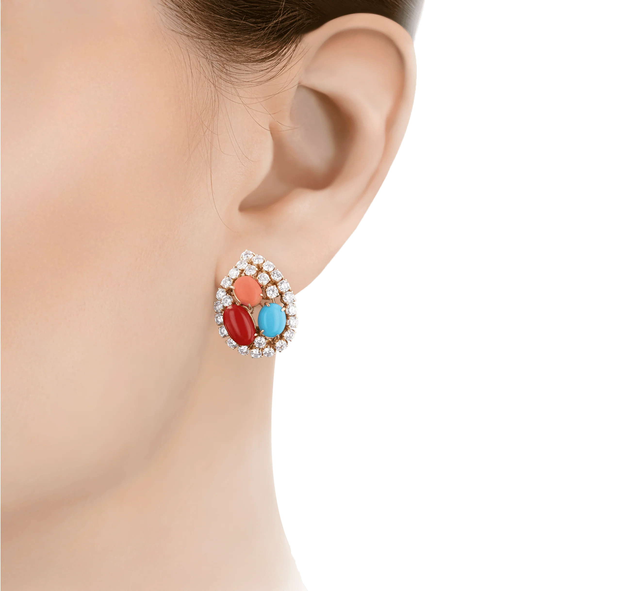 Coral, Turquoise and Diamond Earrings - Image 2