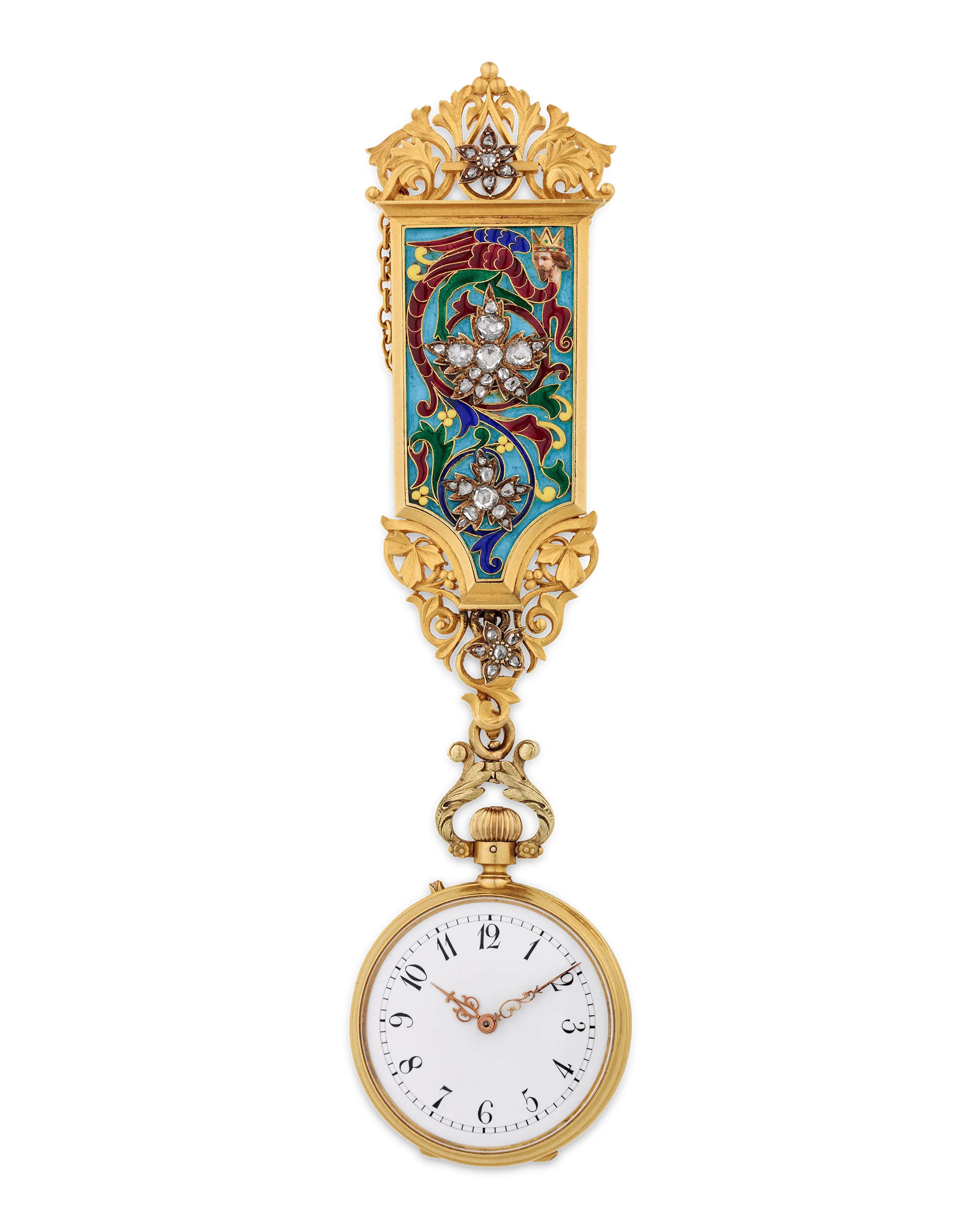 Falize Cloisonné Enamel and Diamond Pendant-Watch Brooch