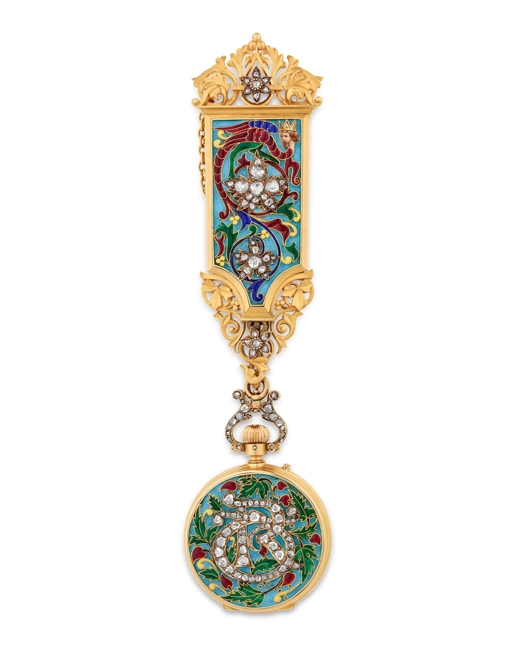Falize Cloisonné Enamel and Diamond Pendant-Watch Brooch - Image 2
