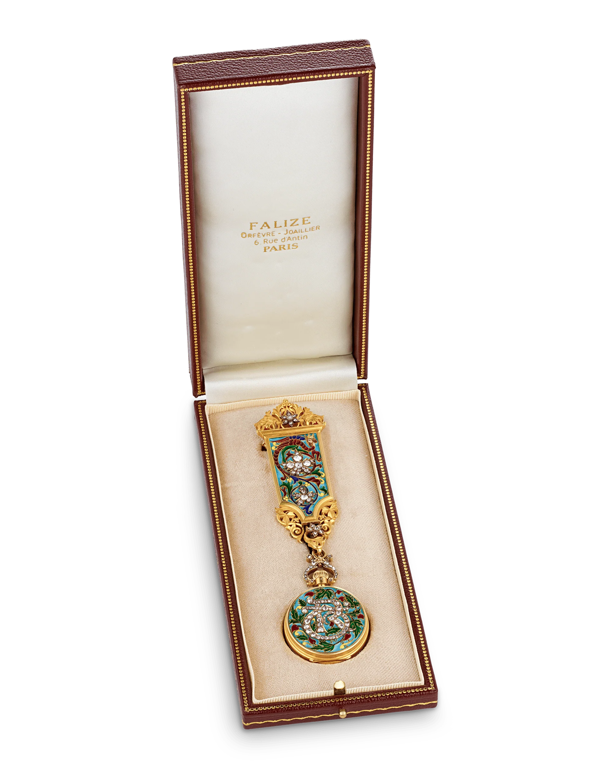 Falize Cloisonné Enamel and Diamond Pendant-Watch Brooch - Image 4