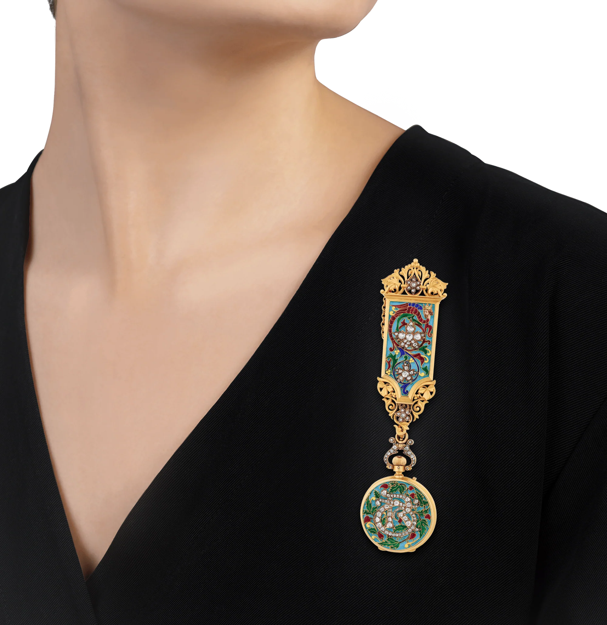 Falize Cloisonné Enamel and Diamond Pendant-Watch Brooch - Image 7