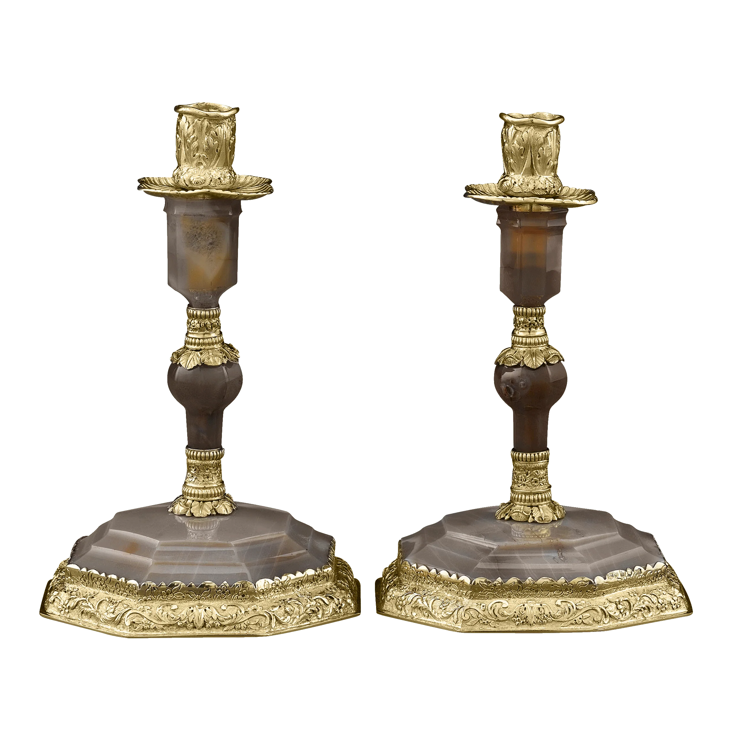 George IV Silver Gilt and Agate Candlesticks by Edward Farrell