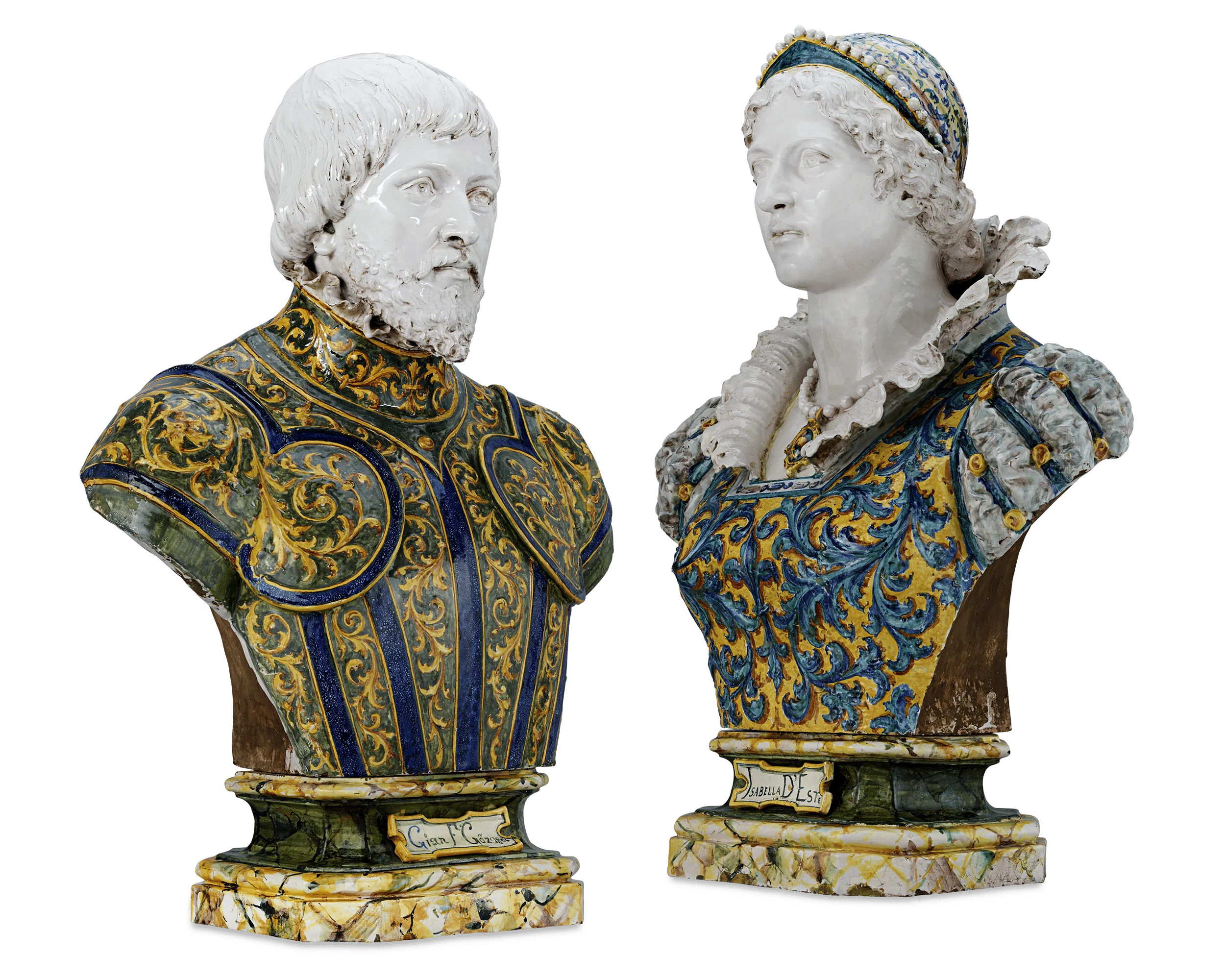 Isabella d'Este and Francesco II Gonzaga Majolica Busts by Angelo Minghetti - Image 2
