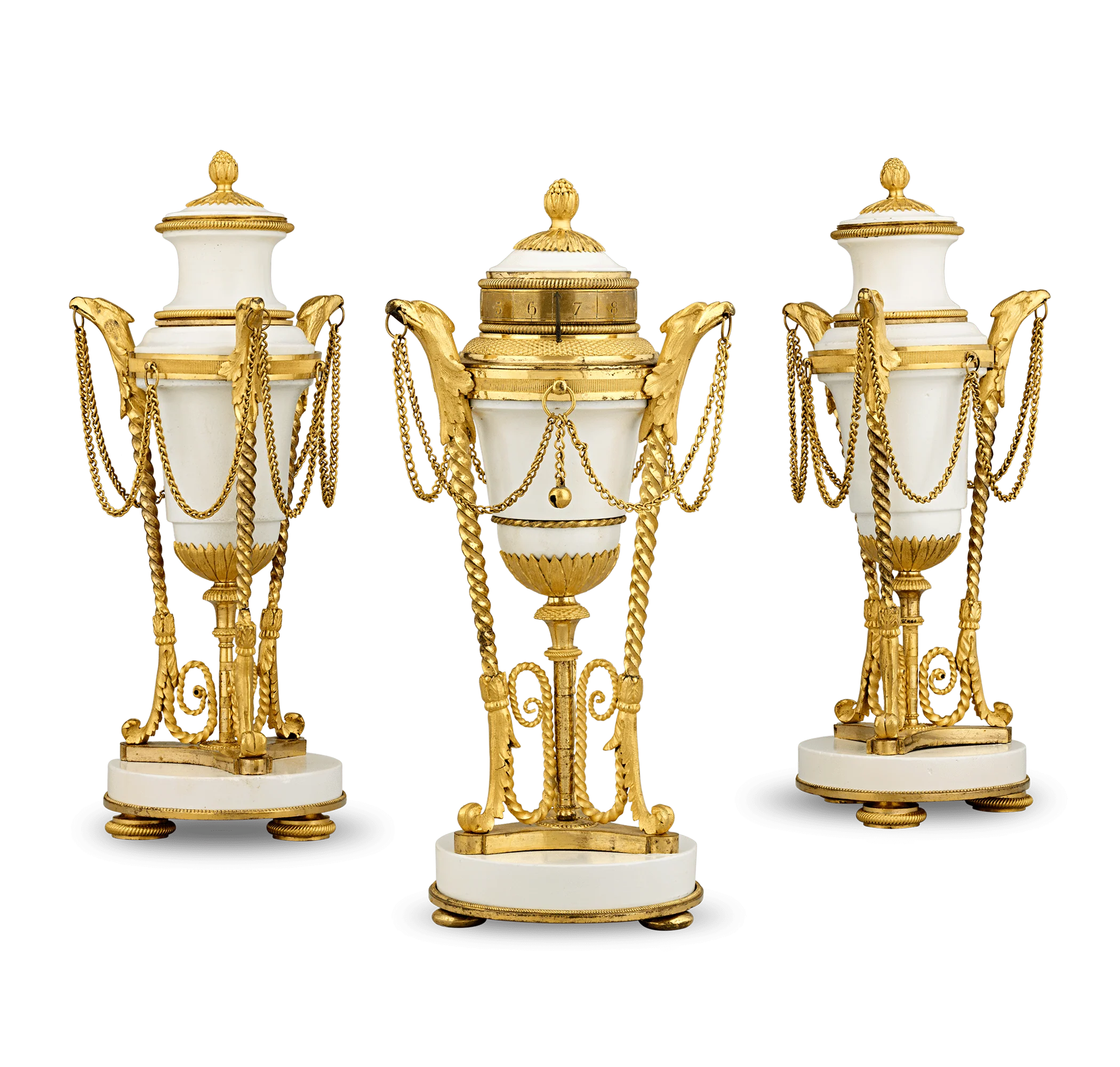 Louis XVI Style Gilt Marble Cassolettes and Clock - Image 2