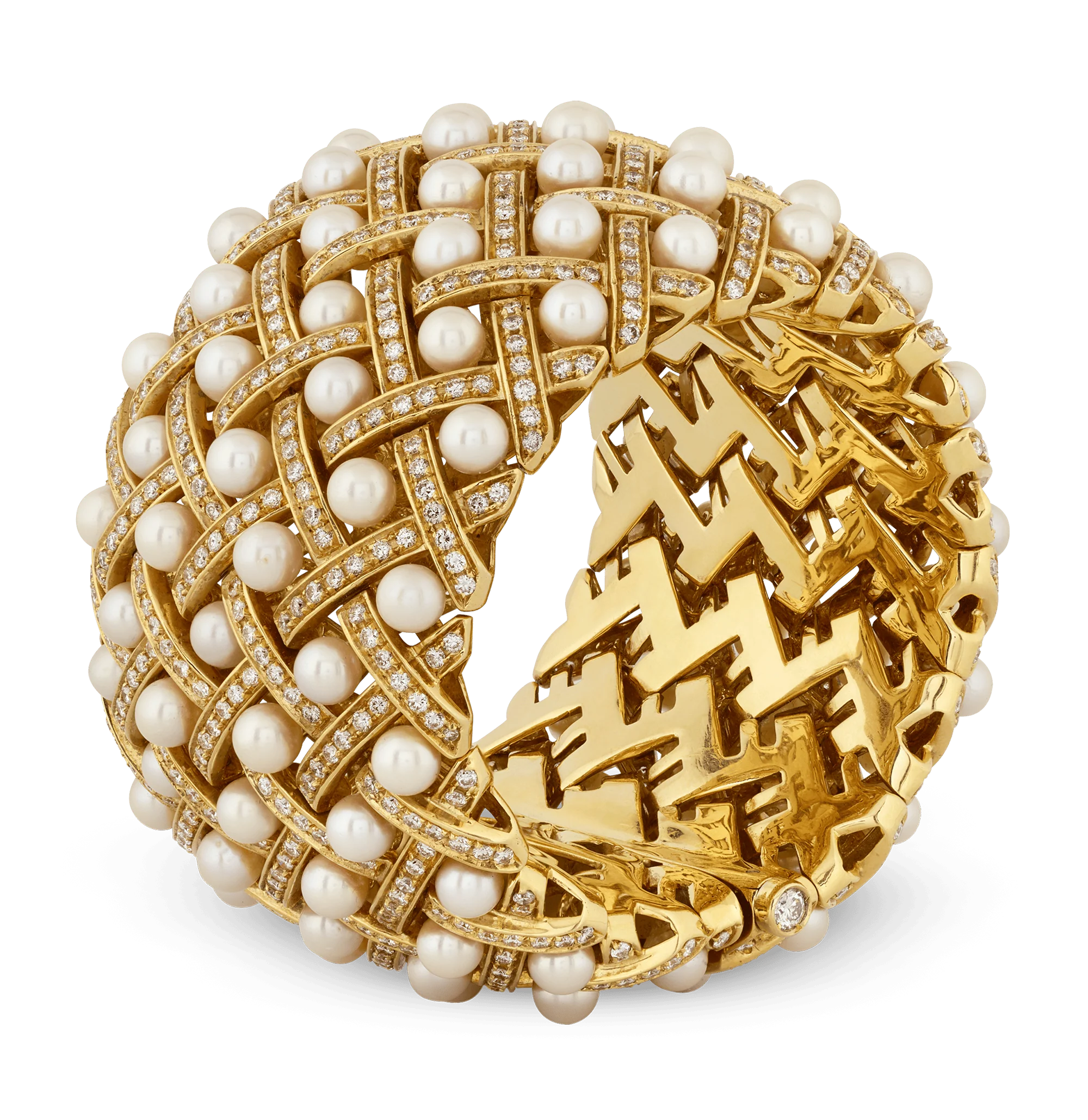 Matelassée-Style Pearl & Diamond Cuff Bracelet - Image 2