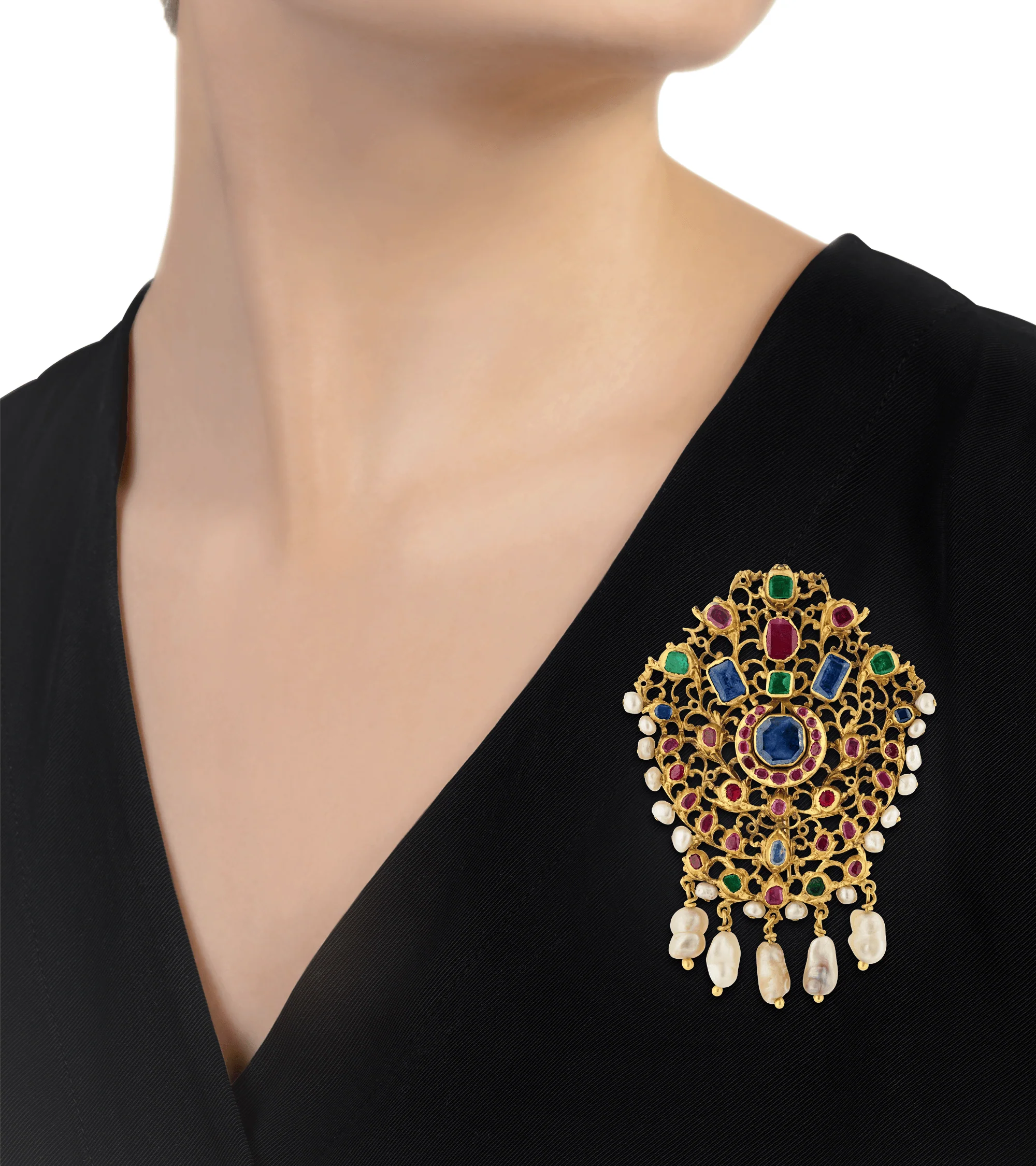 Mughal Colored Gemstone and Pearl Pendant Brooch - Image 2