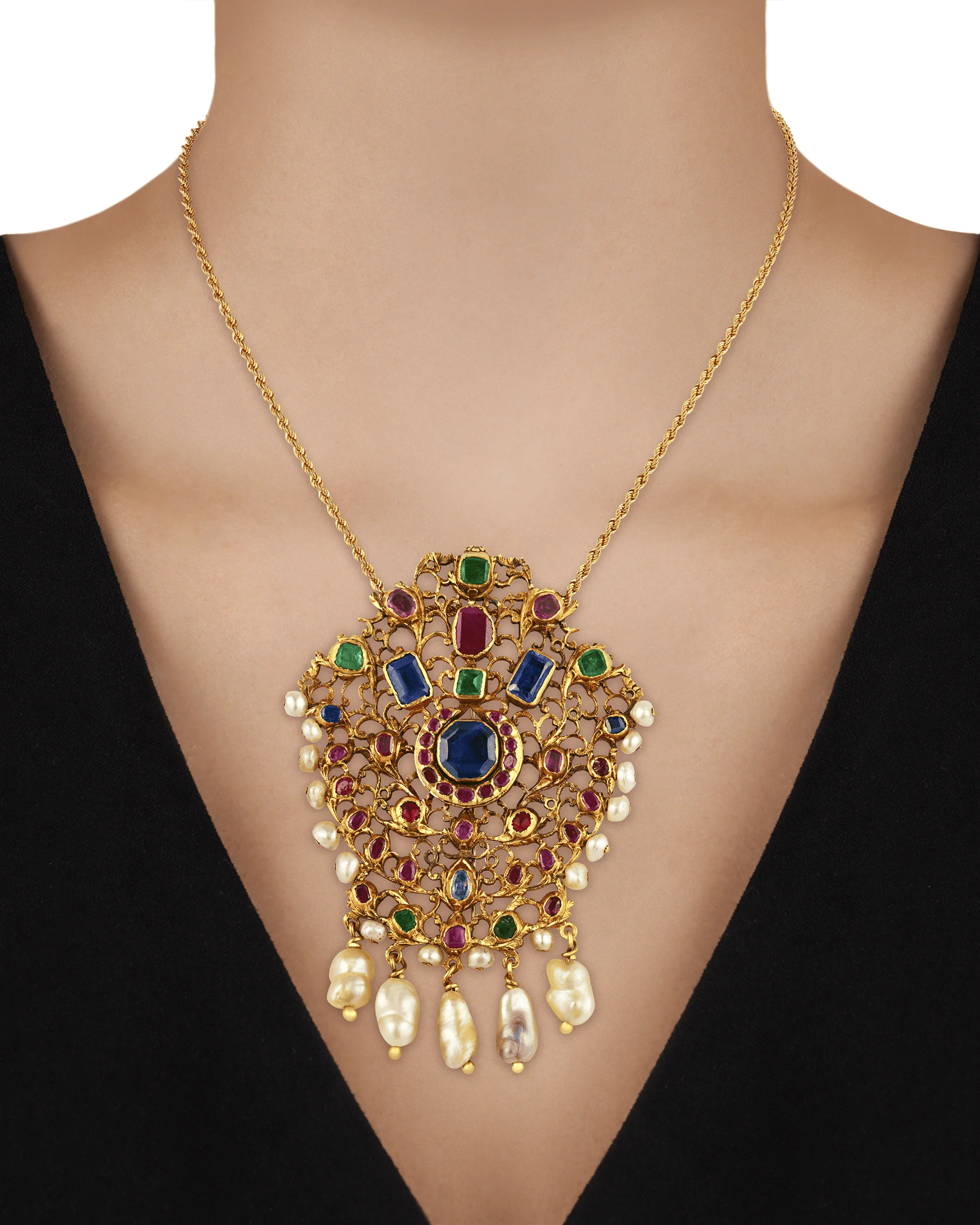 Mughal Colored Gemstone and Pearl Pendant Brooch - Image 3