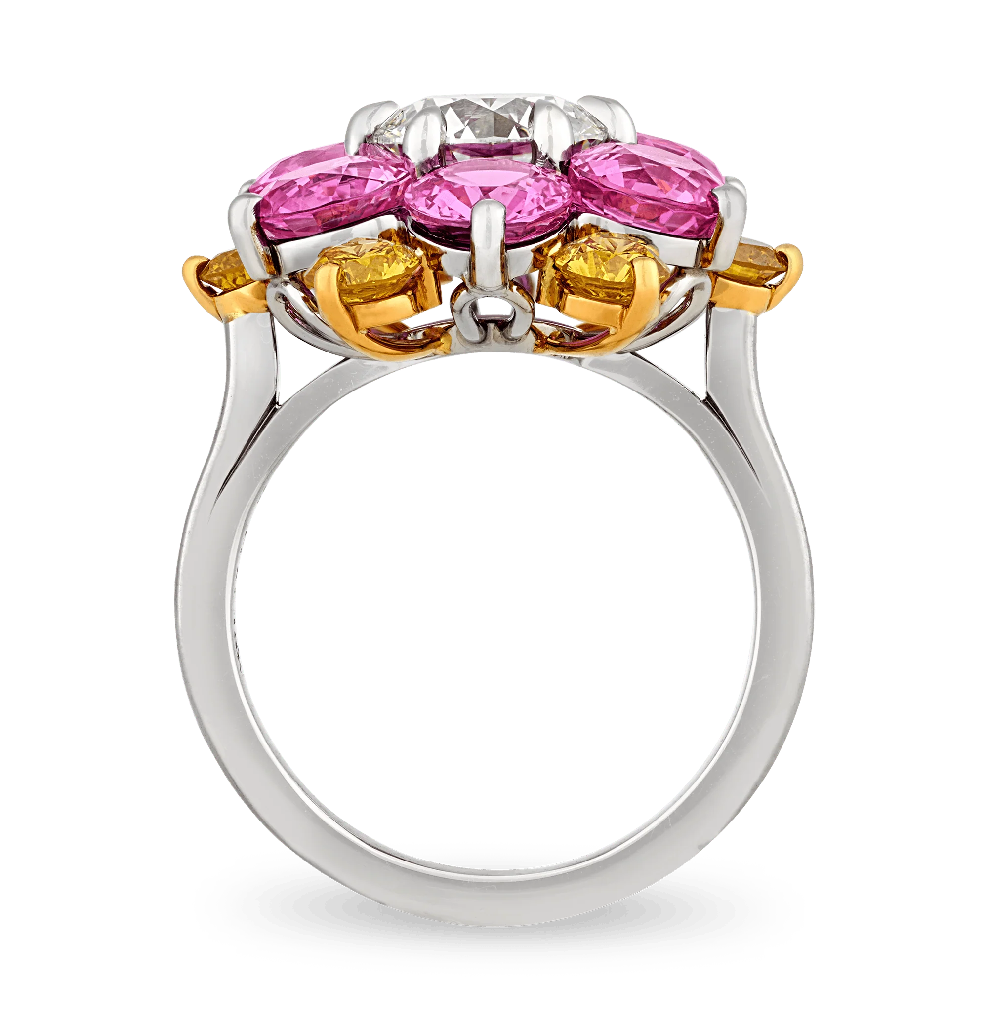 Oscar Heyman Pink Sapphire and Yellow Diamond Floral Ring - Image 2