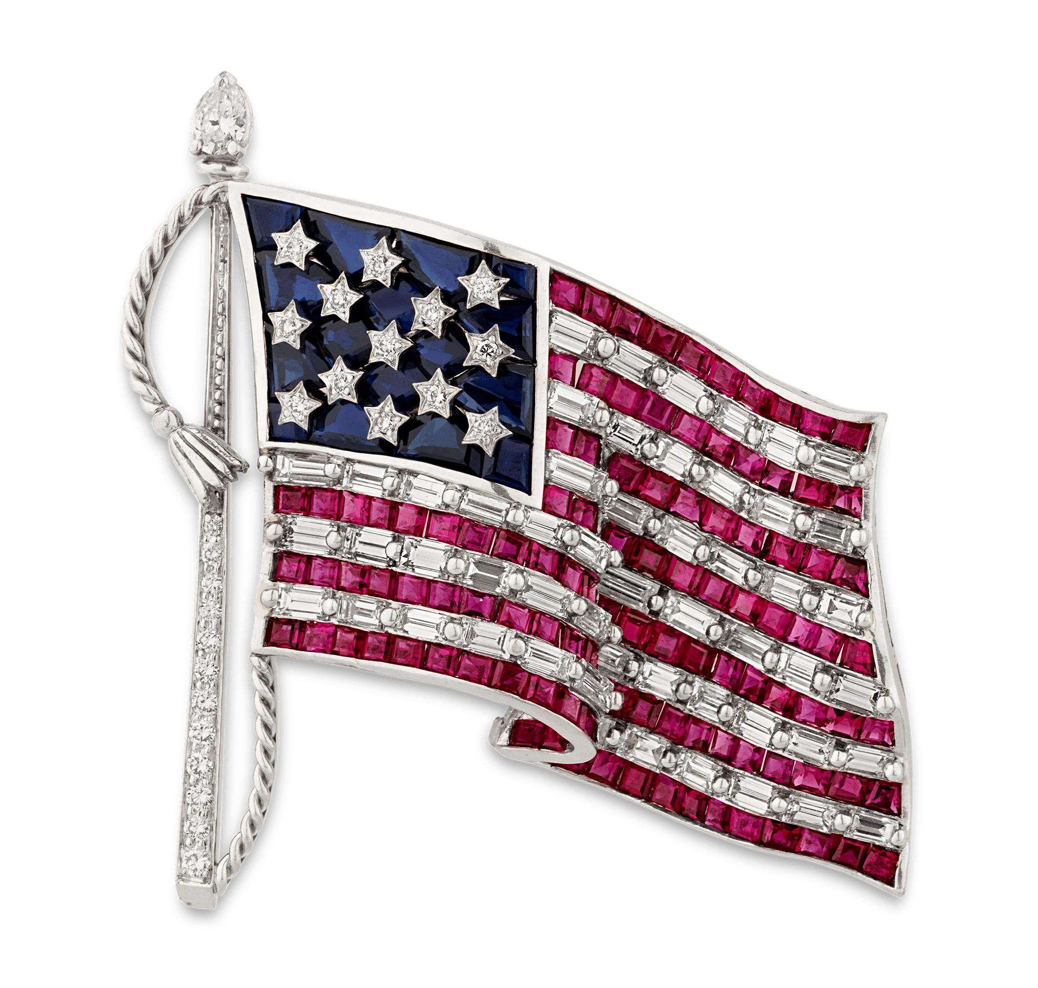 Oscar Heyman Ruby, Diamond and Sapphire American Flag Brooch
