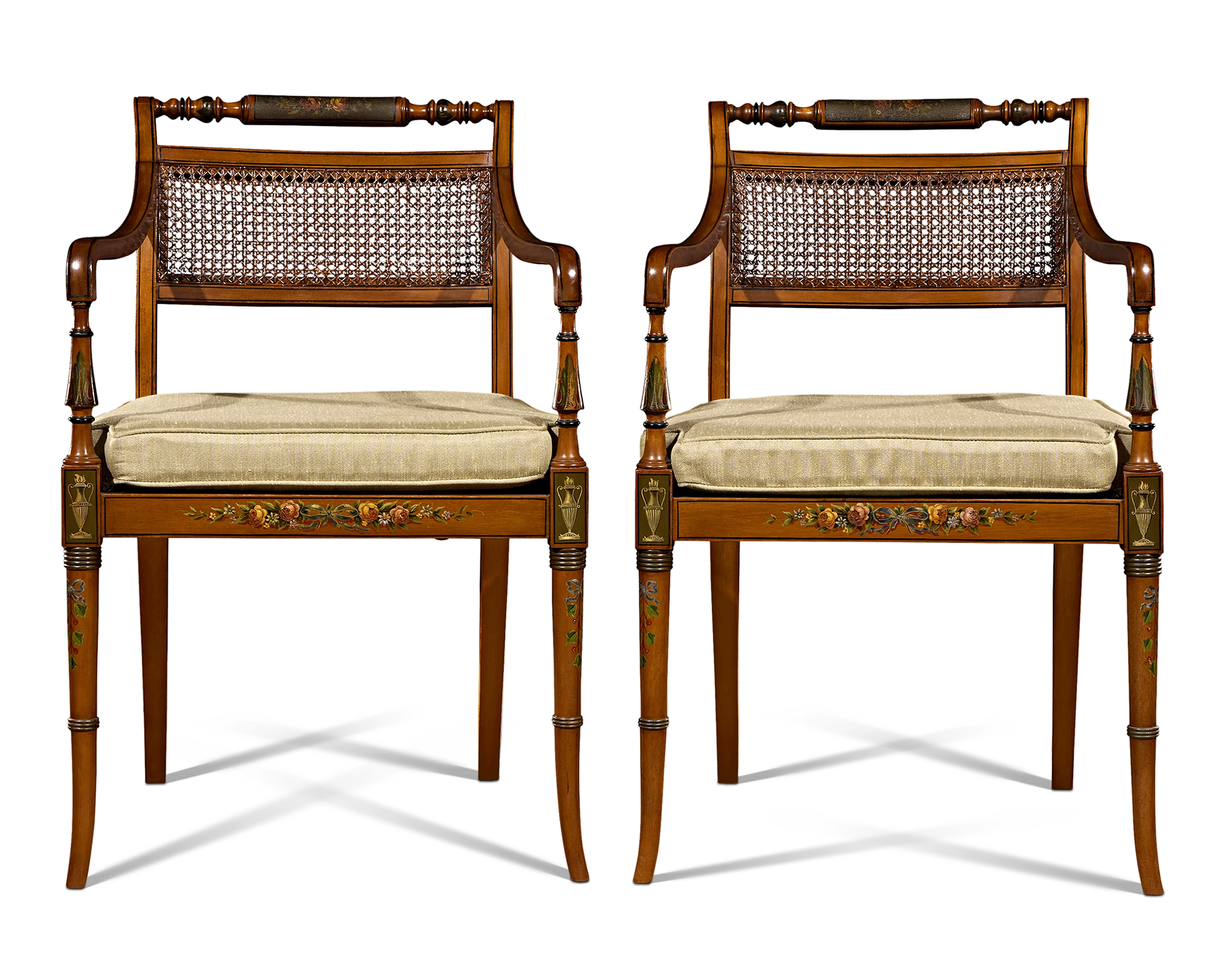 Pair of Edwardian Satinwood Cane Chairs