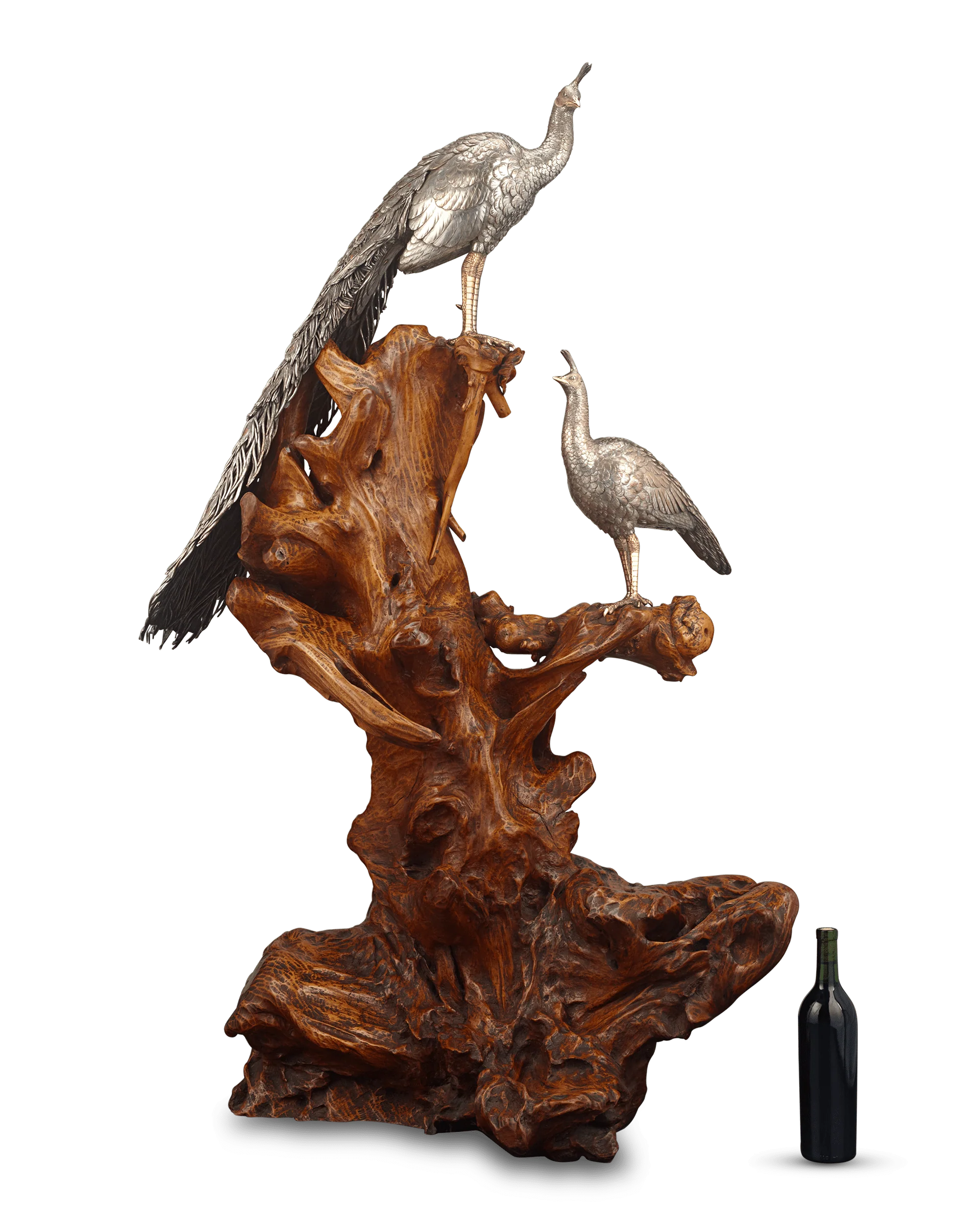 Pair of Meiji Period Bronze Birds on Driftwood Base - Image 10