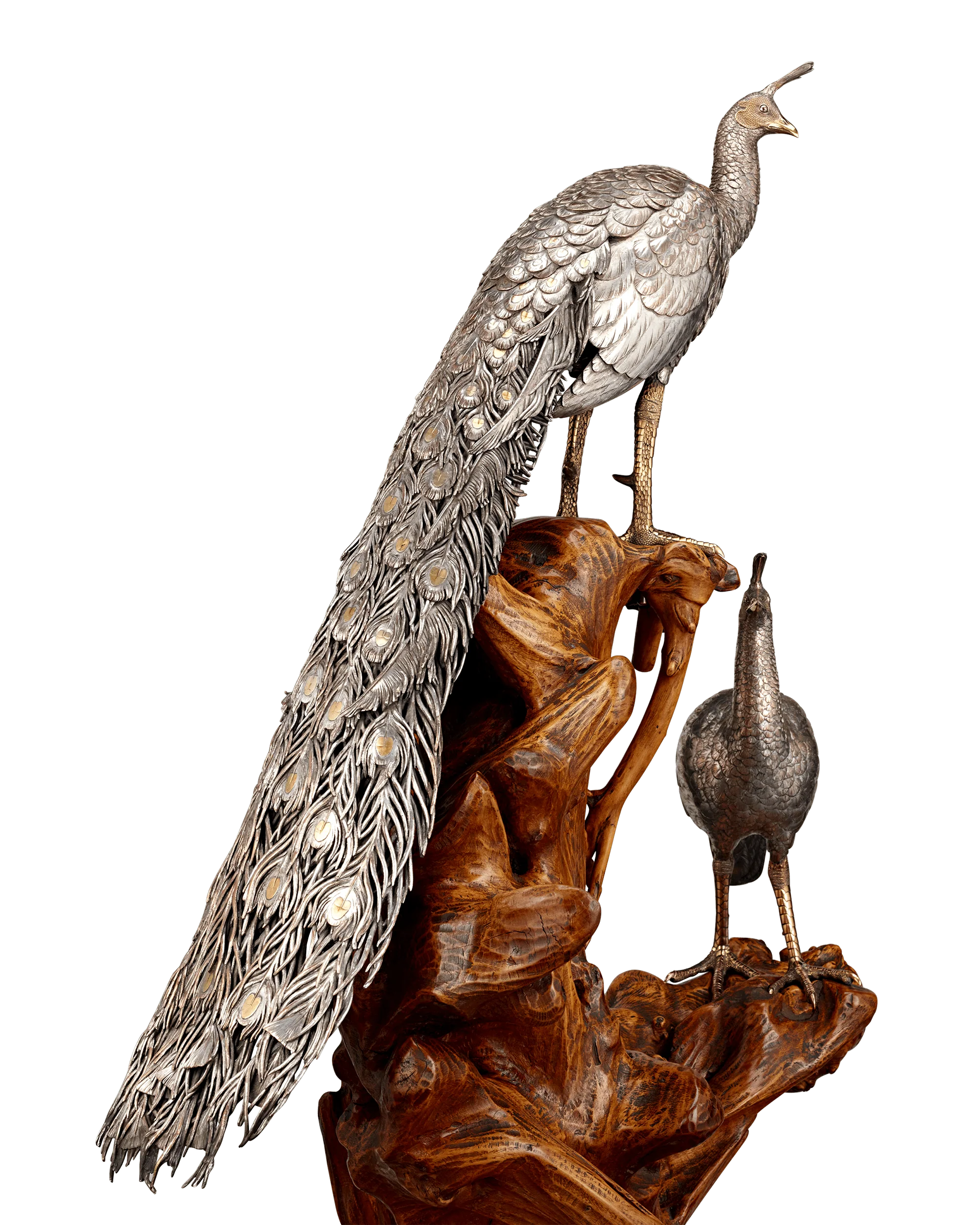 Pair of Meiji Period Bronze Birds on Driftwood Base - Image 5