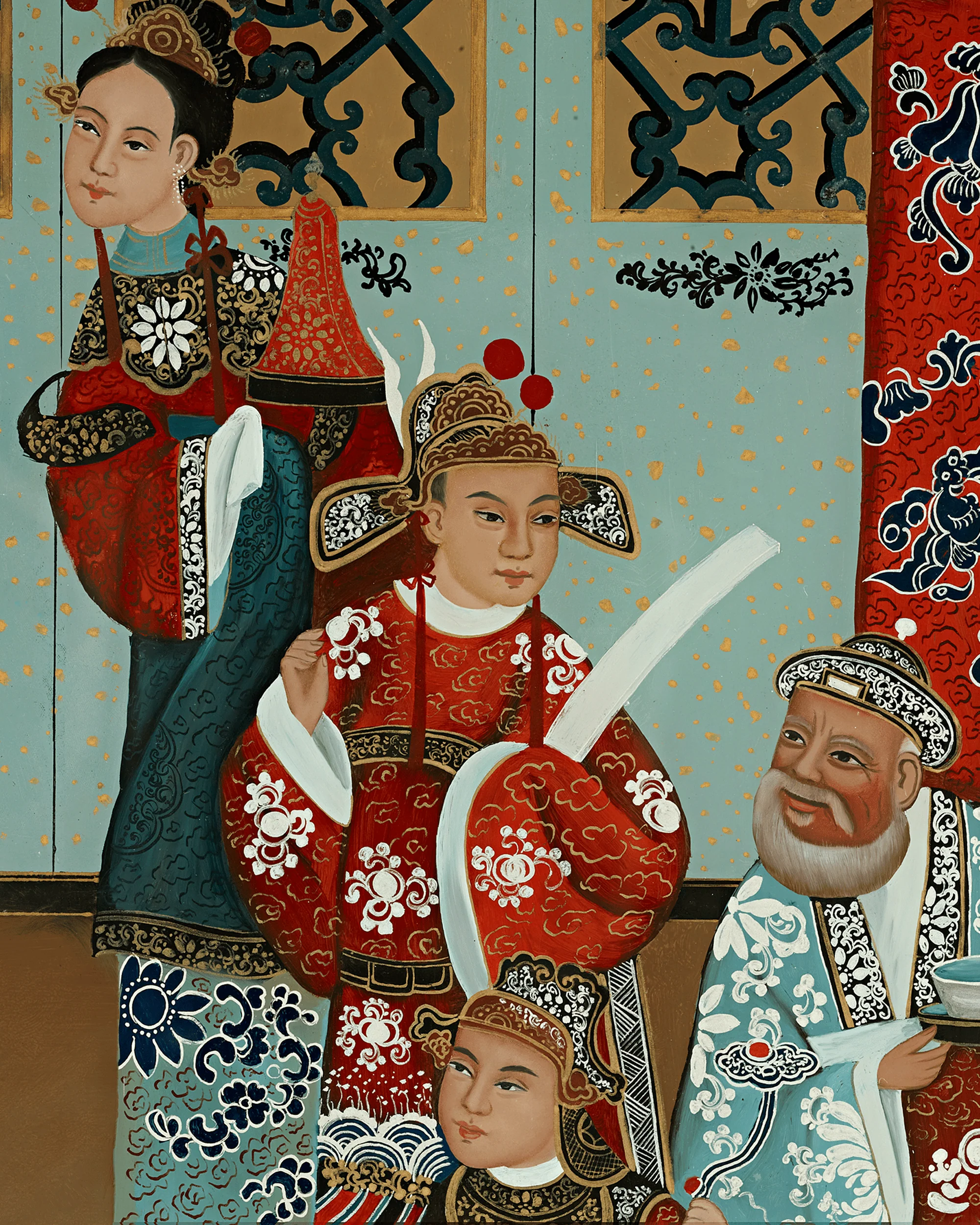 Qing Dynasty Reverse Glass Work - Four Figures in Procession - Image 3