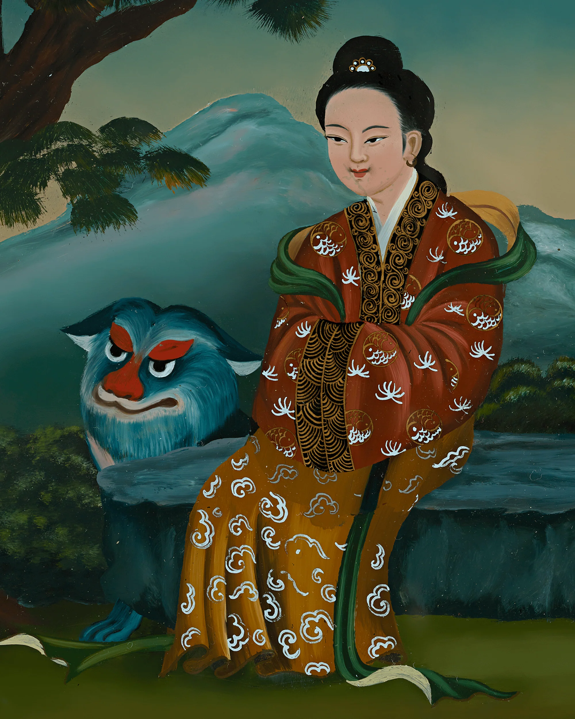 Qing Dynasty Reverse Glass Work - Seated Figure with Blue Creature - Image 3