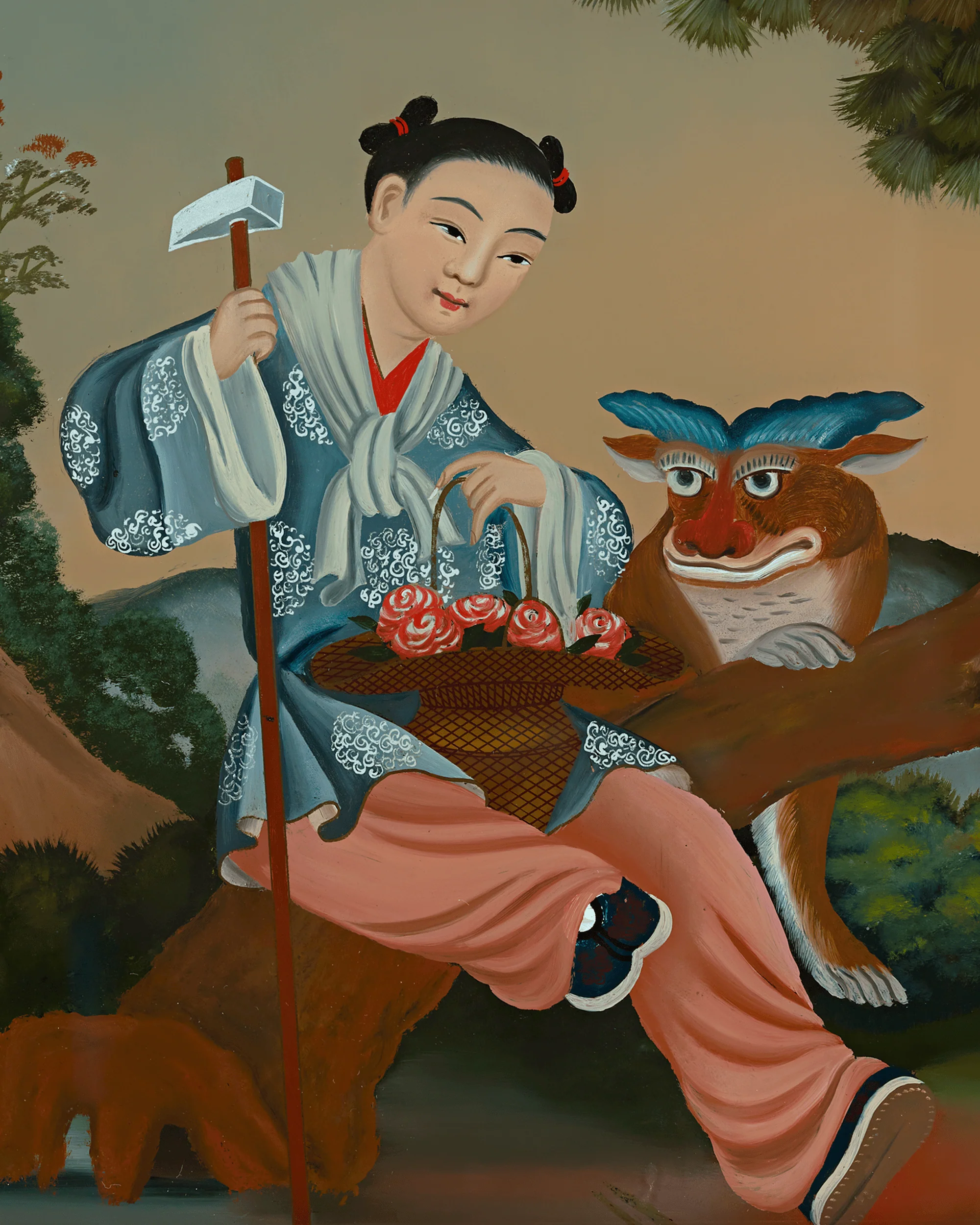 Qing Dynasty Reverse Glass Work - Seated Figure with Brown Creature - Image 3