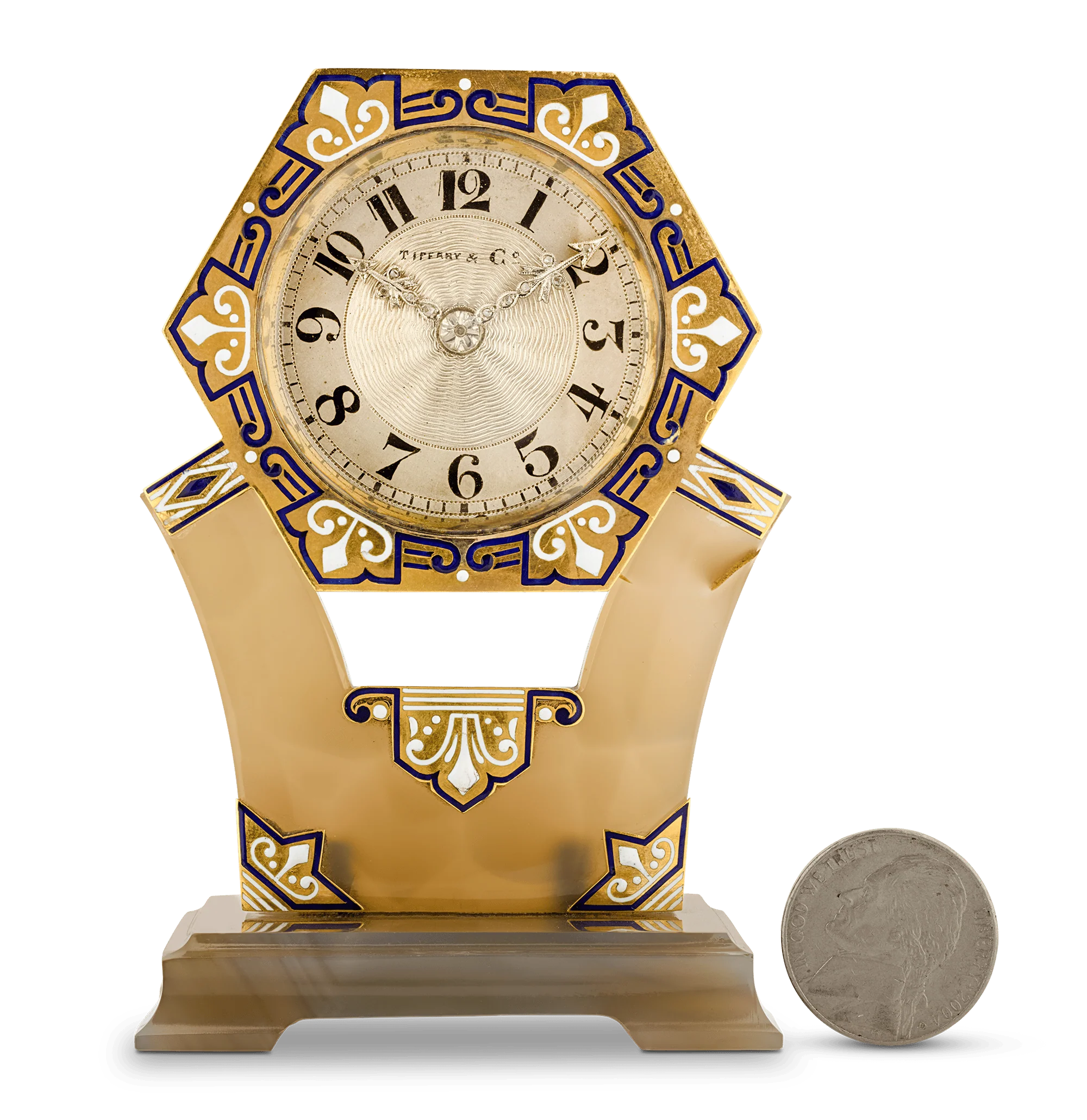 Tiffany & Co. Art Deco Carved Agate, Enamel and Diamond Clock - Image 6